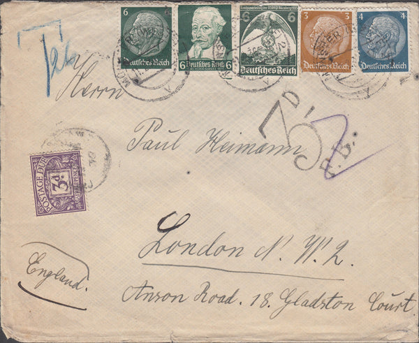 108798 - 1936 UNDERPAID MAIL GERMANY TO LONDON.