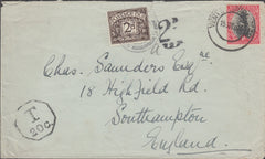 108817 - 1926 UNDERPAID MAIL SOUTH AFRICA TO SOUTHAMPTON.