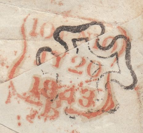 109080 - 1843 ENVELOPE WITH MALTESE CROSS USED TO OBLITERATE DATE STAMP ON REVERSE.