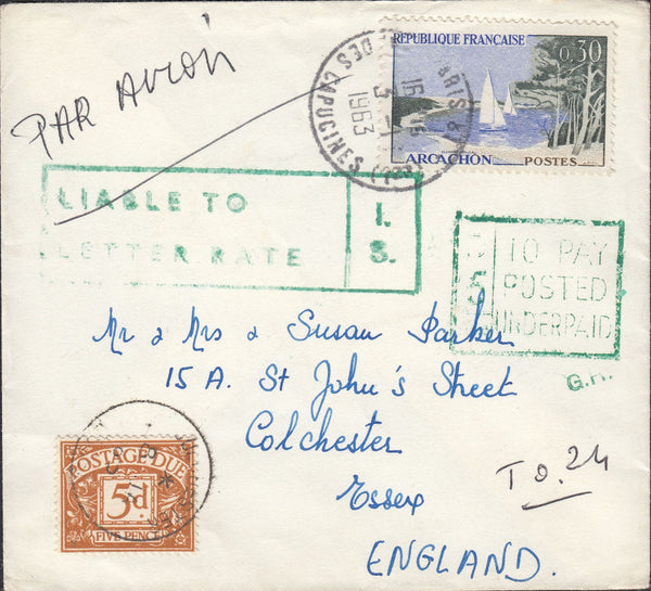 109104 - 1963 UNDERPAID MAIL FRANCE TO COLCHESTER.