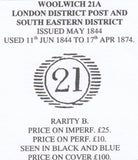 109277 - 1857 LONDON "21" DISTRICT CANCELLATION OF WOOLWICH/PL.55 (OC RE-ENTRY)(SG40).