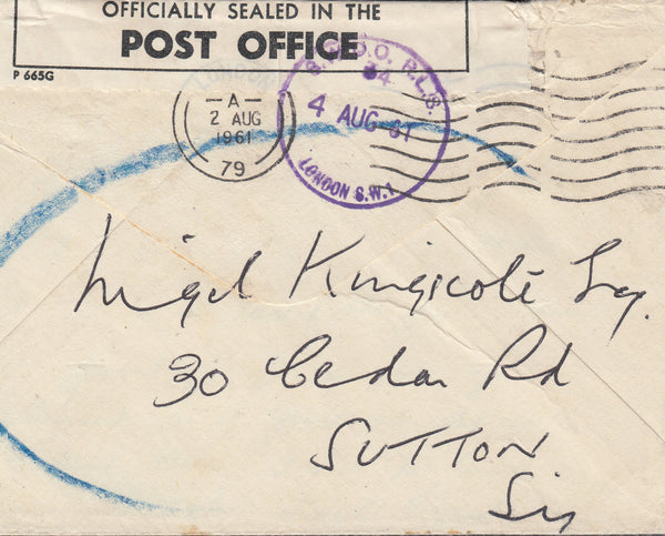 109575 - 1961 UNDELIVERED MAIL LONDON TO SWITZERLAND.