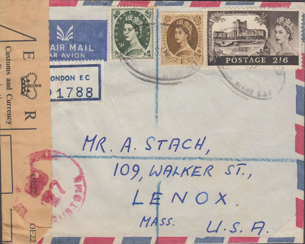 109602 - 1966 REGISTERED  AIR MAIL LONDON TO USA/2/6 CASTLE USAGE.