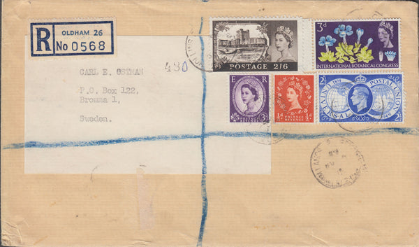 109603 - 1965 REGISTERED MAIL OLDHAM TO SWEDEN/2/6 CASTLE USAGE.