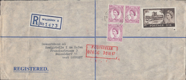 109634 - 1967 REGISTERED MAIL WILLESDEN TO WEST GERMANY/2/6 CASTLE USAGE.