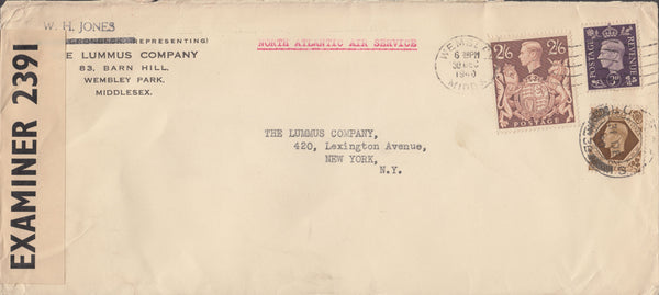 109650 - 1940 AIR MAIL WEMBLEY TO USA/2/6 BROWN (SG476).