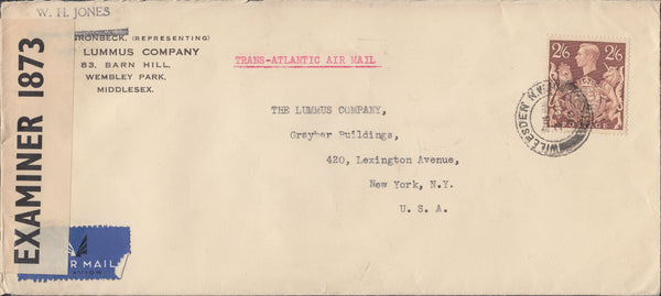 109652 - 1940 AIR MAIL WEMBLEY TO USA/2/6 BROWN (SG476).