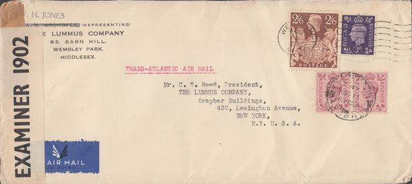 109653 - 1940 AIR MAIL WEMBLEY TO USA/2/6 BROWN (SG476).