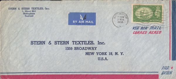 109654 - 1953 AIR MAIL NOTTINGHAM TO USA/2/6 GREEN (SG509).