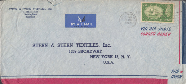 109656 1953 AIR MAIL NOTTINGHAM TO USA WITH KGVI 2/6 GREEN (SG509).
