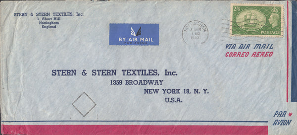 109659 - 1953 AIR MAIL NOTTINGHAM TO USA/2/6 GREEN (SG509).