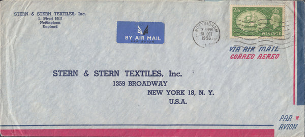 109661 1953 AIR MAIL NOTTINGHAM TO USA/2/6 GREEN (SG509).