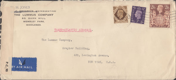 109665 - 1940 AIR MAIL WEMBLEY TO USA/2/6 BROWN (SG476).