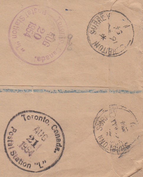 109667 - 1954 REGISTERED AIR MAIL SURBITON TO CANADA.