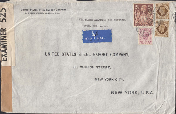 109669 - 1940 AIR MAIL LONDON TO USA/2/6 BROWN (SG476).