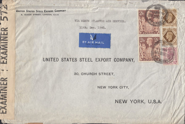 109670 - 1940 AIR MAIL LONDON TO USA/2/6 BROWN (SG476).