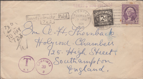 109840 - 1936 UNDERPAID MAIL USA TO SOUTHAMPTON.