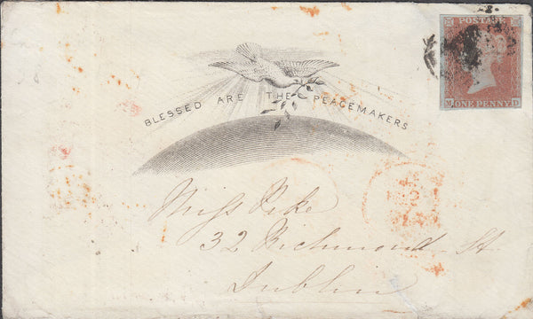 109941 - 1854 "BLESSED ARE THE PEACEMAKERS" ILLUSTRATED ENVELOPE CHATHAM TO DUBLIN.