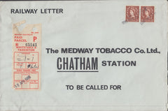 110067 - 1966 RAILWAY LETTER ENVELOPE/PAID PARCEL LABEL WHITSTABLE TO CHATHAM.