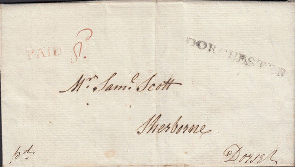 110270 - 1814 DORCHESTER 'PAID' HAND STAMP IN RED (DT263).