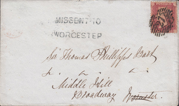 110325 - 1858 "MISSENT-TO WORCESTER" HAND STAMP (WO929) ON MAIL LONDON TO BROADWAY.