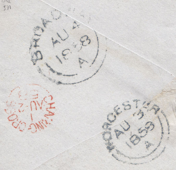 110325 - 1858 "MISSENT-TO WORCESTER" HAND STAMP (WO929) ON MAIL LONDON TO BROADWAY.