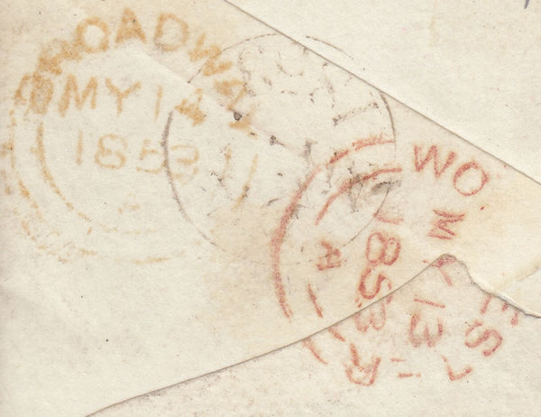110326 -  1853 "MISSENT-TO WORCESTER" HAND STAMP (WO929) ON MAIL LONDON TO BROADWAY.