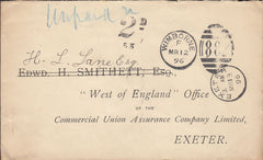 110825 - 1896 UNPAID MAIL WIMBORNE TO EXETER.