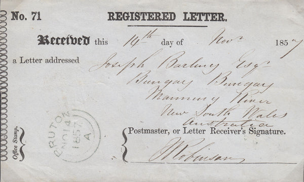 110933 - 1857 REGISTERED LETTER RECEIPT/BRUTON SOMERSET.