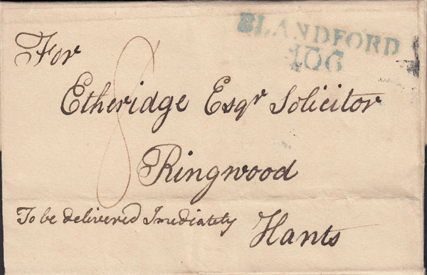 110954 - 1821 DORSET/"BLANDFORD 106" MILEAGE MARK IN BLUE-GREEN (DT41).