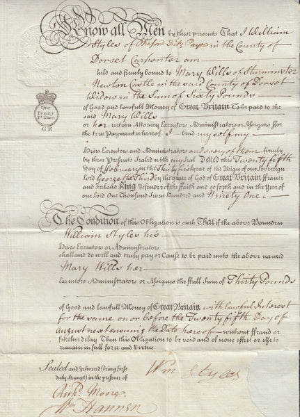 110973 - 1791 DORSET/FINE BOND FOR £60.