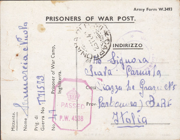 111052 - 1942 PRISONER OF WAR MAIL/MOTCOMBE CAMP, DORSET.