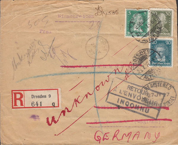 111088 - 1927 UNDELIVERED REGISTERED MAIL DRESDEN TO LILLIPUT DORSET.