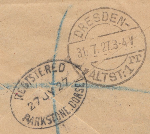 111088 - 1927 UNDELIVERED REGISTERED MAIL DRESDEN TO LILLIPUT DORSET.