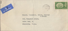 111106 1954 AIR MAIL LONDON TO USA WITH KGVI 2/6 YELLOW-GREEN (SG509).