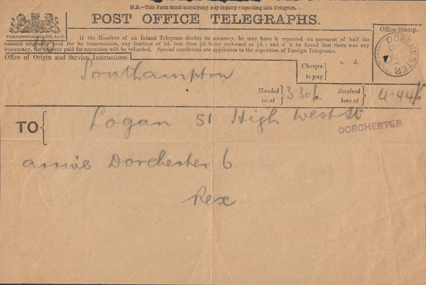 111114 - 1915 TELEGRAM/DORCHESTER.