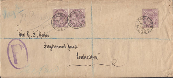 111120 - 1895 "M.O AND S.B/DORCHESTER" MONEY ORDER AND SAVINGS BANK CANCELLATION.