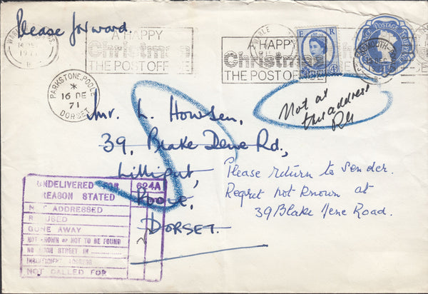 111222 - 1971 UNDELIVERED MAIL WARLEY TO POOLE.