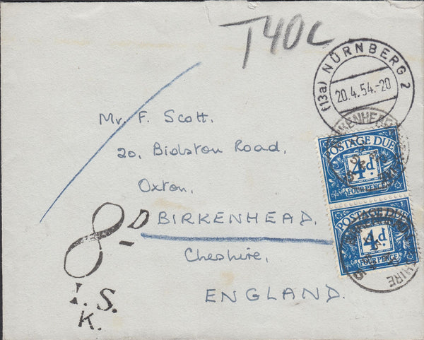 111311 - 1954 UNPAID MAIL GERMANY TO BIRKENHEAD.