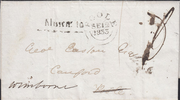 111422 - 1833 DORSET/MISSENT MAIL SHAFTESBURY TO POOLE TO WIMBORNE/"MISSENT TO" HAND STAMP (DT397).
