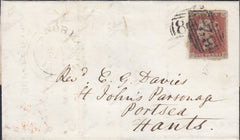 111457 - 1845 MAIL WAKEFIELD TO PORTSMOUTH CANCELLED DIFFERENT NUMERALS FROM BOTH OFFICES.