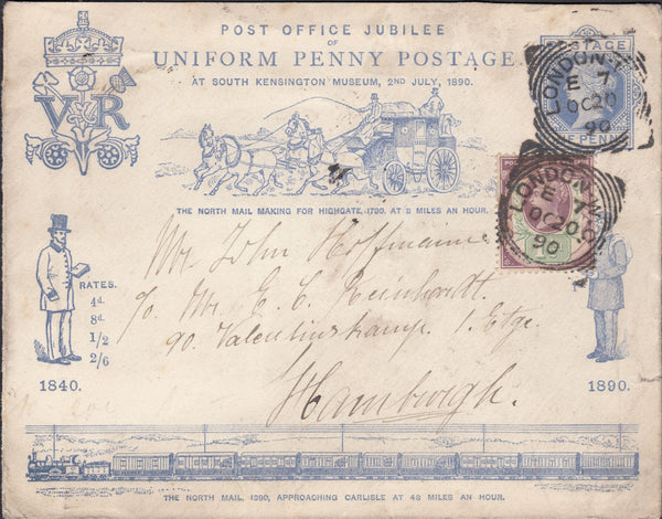 111468 - 1890 PENNY POSTAGE JUBILEE/1D BLUE ENVELOPE LONDON TO GERMANY.