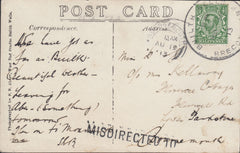 111497 - 1913 BUILTH WELLS SKELETON/"MISDIRECTED TO" HAND STAMP OF BOURNEMOUTH.