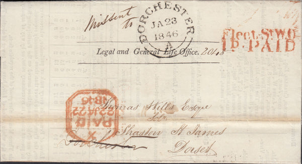 111613 - 1846 MISSENT MAIL LONDON TO SHASTON MISSENT TO DORCHESTER.