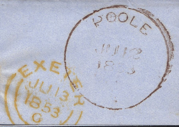 111729 - 1853 "POOLE" CIRCULAR TYPE SKELETON DATE STAMP IN BROWN ON COVER TO EXETER.