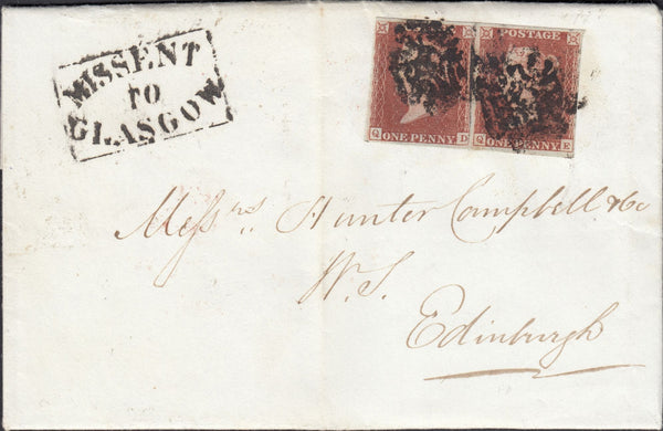 111765 - 1D RED PL.XI (SG7)(QD QE) ON COVER DUMFRIES TO EDINBURGH "MISSENT TO GLASGOW" HAND STAMP.