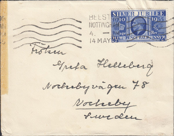 111860 - 1935 MAIL NOTTINGHAM TO SWEDEN/SILVER JUBILEE 2½D (SG456).