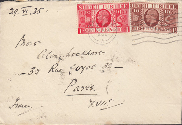 111870 - 1935 MAIL PADDINGTON TO PARIS/KGV SILVER JUBILEE ISSUE.