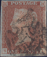 111954 - 1841 1D RED PL. ELEVEN (SG7)(SL) "S ROW ROLLER FLAW" (SPEC AS74c).