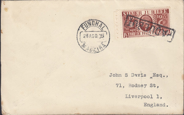 112281 - 1936 MADEIRA PAQUEBOT TO LIVERPOOL/1½D SILVER JUBILEE (SG455).